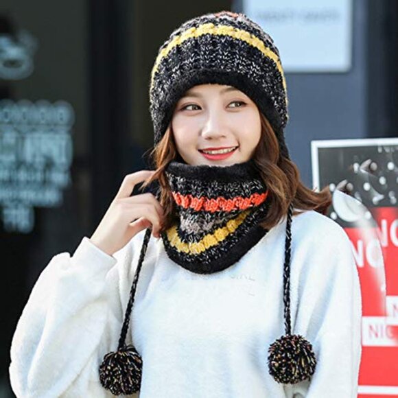 Winter Beanie Hat Circle Scarf Set Fleece Lined Chunky Knit Ear Flaps main image 4